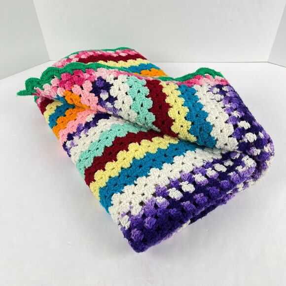 Rainbow striped Afghan Crocheted throw lap blanket hand-made Boho chic 37 x 67 - Picture 9 of 9